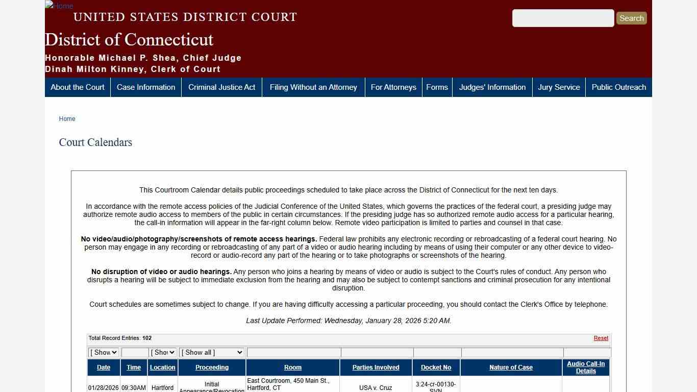 Court Calendars District of Connecticut United States District Court